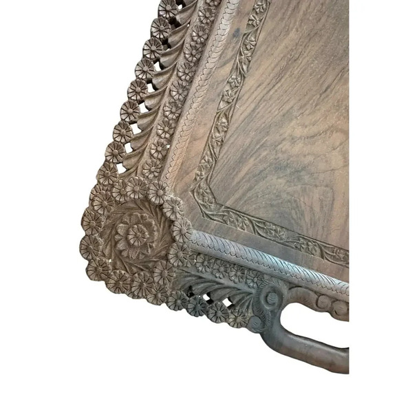 Vintage Indian Hand Carved Wooden Serving Tray or Tea Tray Ornate Design - Picture 3 of 9